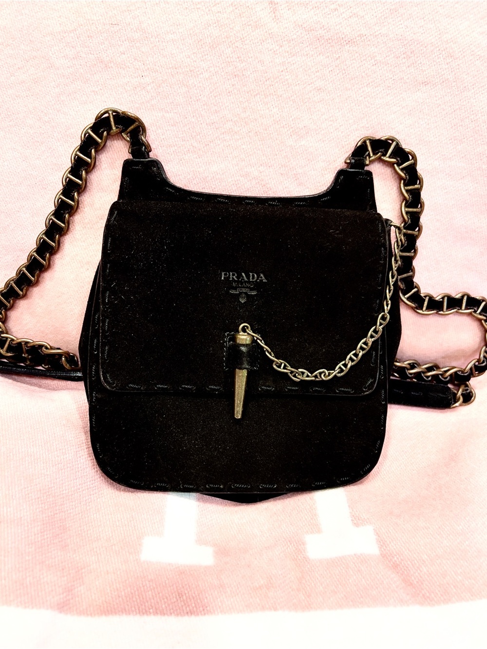 Prada⭐️✌🏻Vintage! RARE! Black Suede Crossbody/shoulder Bag with Chain Strap! - Picture 2 of 10
